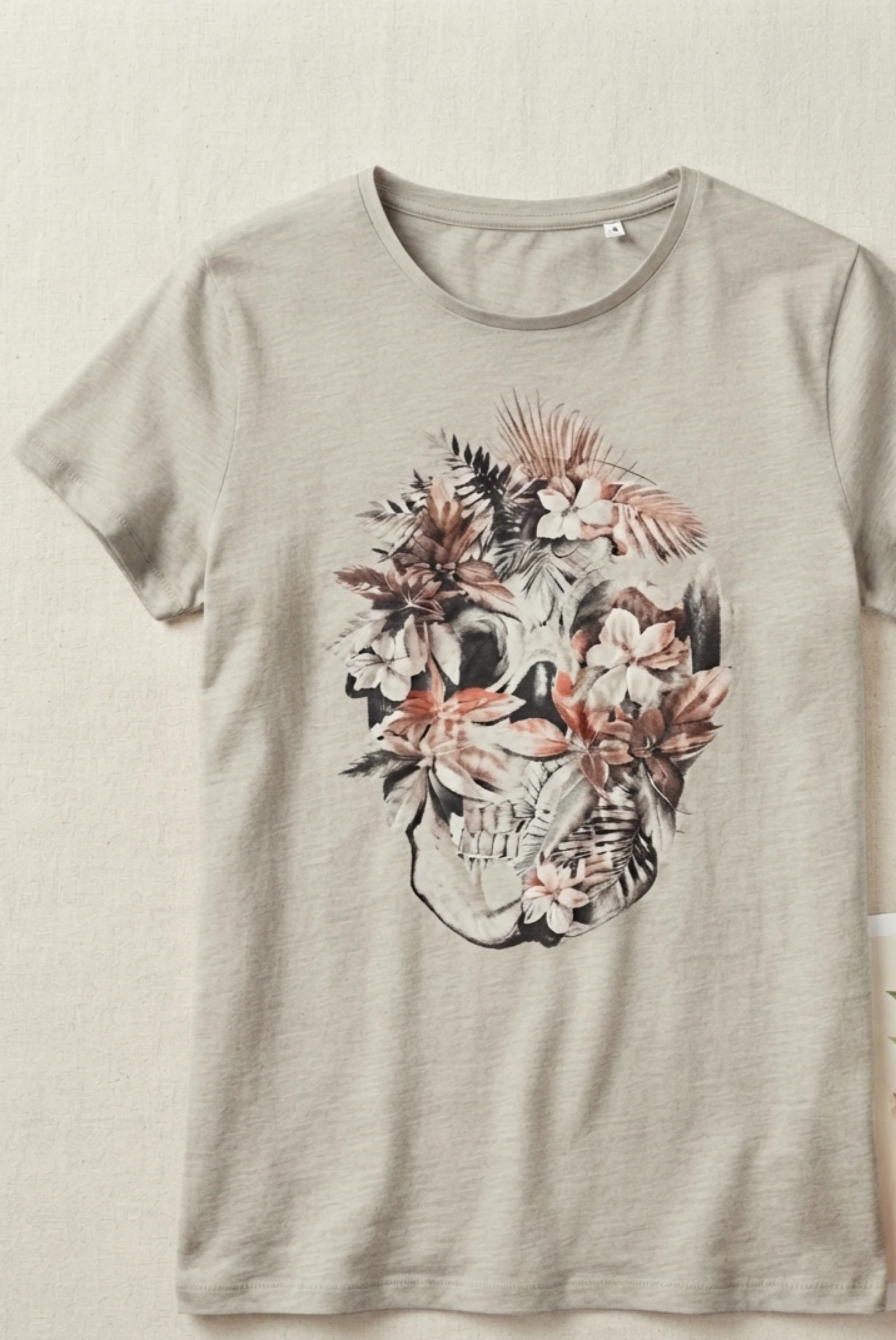 T-shirt gris chiné motif crâne floral / jungle- XS
